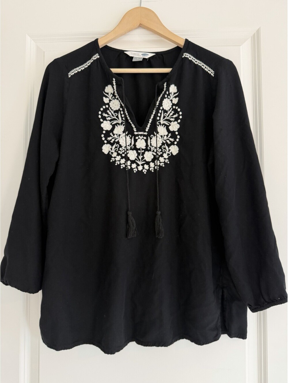 Old Navy “The Tunic Shirt” Black Embroidered Tassel Blouse